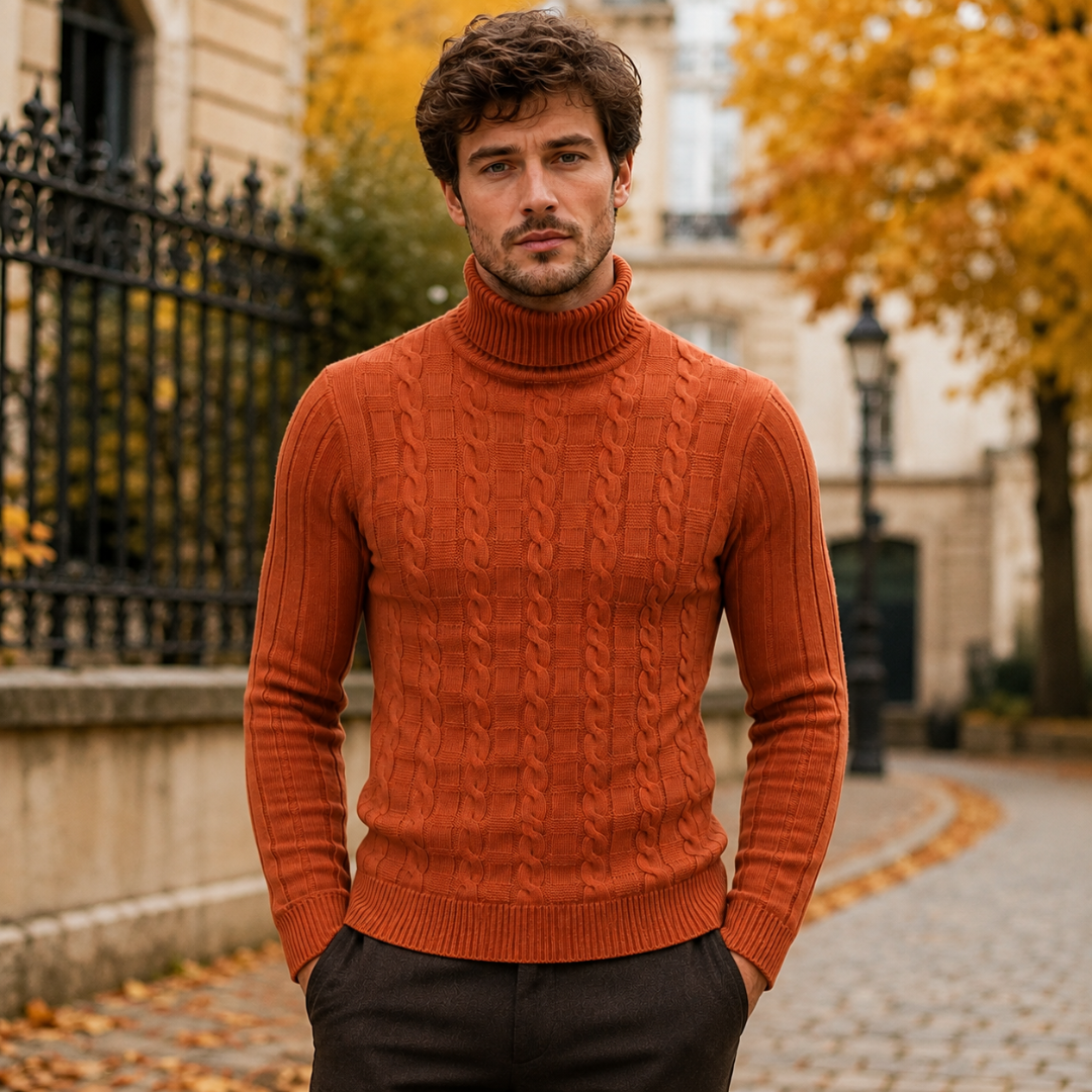 Pull homme orange à col roulé côtelé et torsades verticales, vue de face