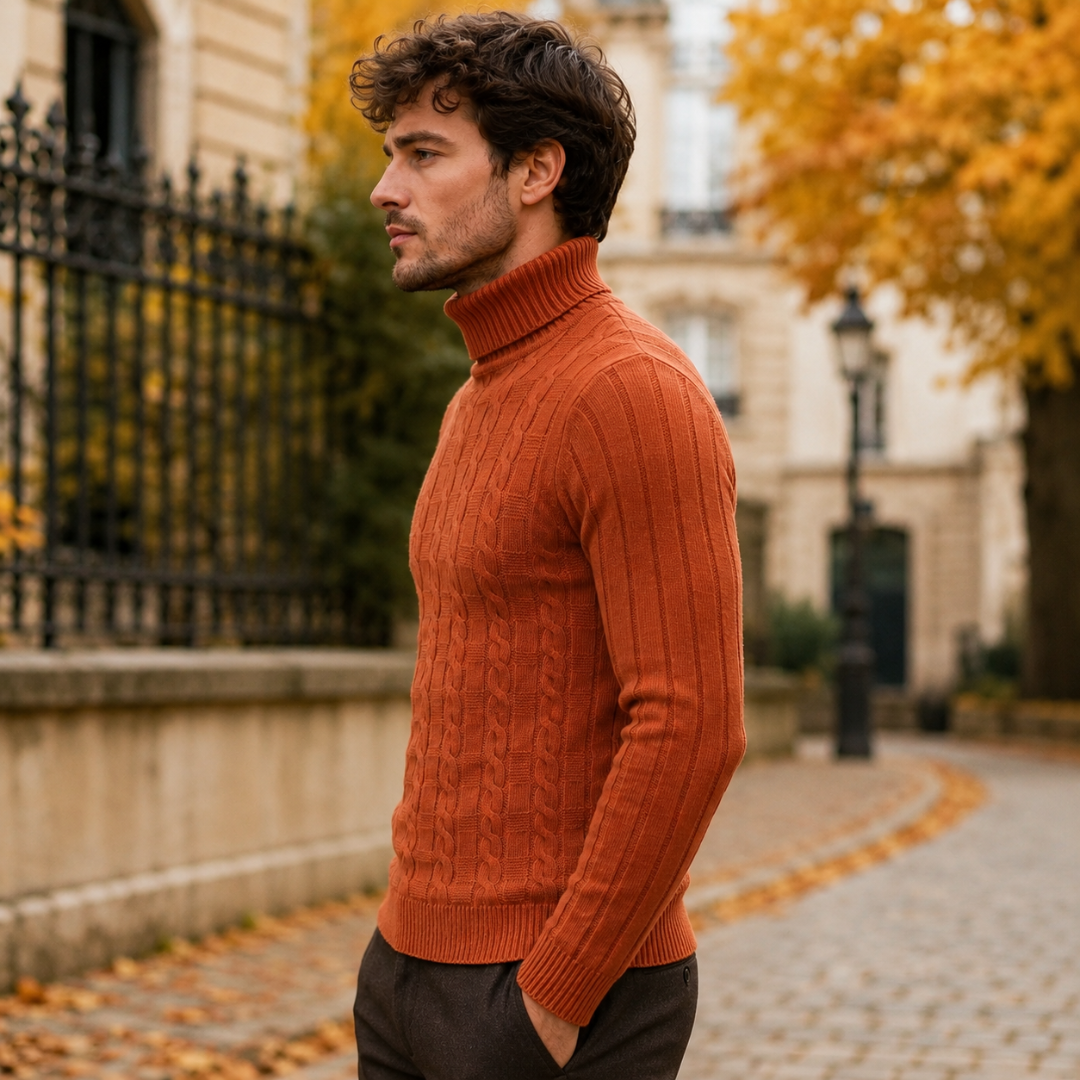 Pull homme orange vu de profil, manches longues et poignets en bords-côtes