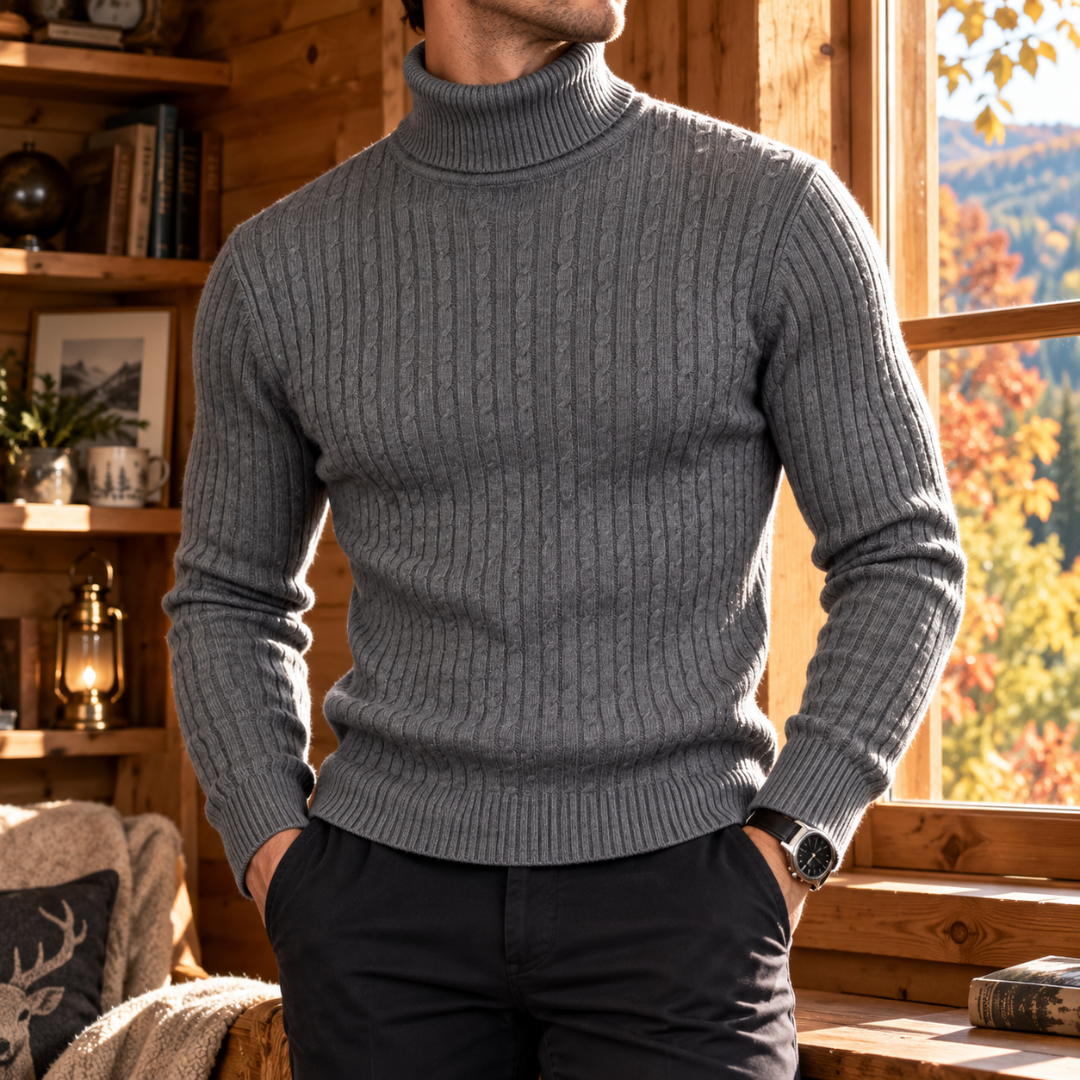 Pull homme gris foncé à col roulé, colonnes de maille torsadée sur tout le corps