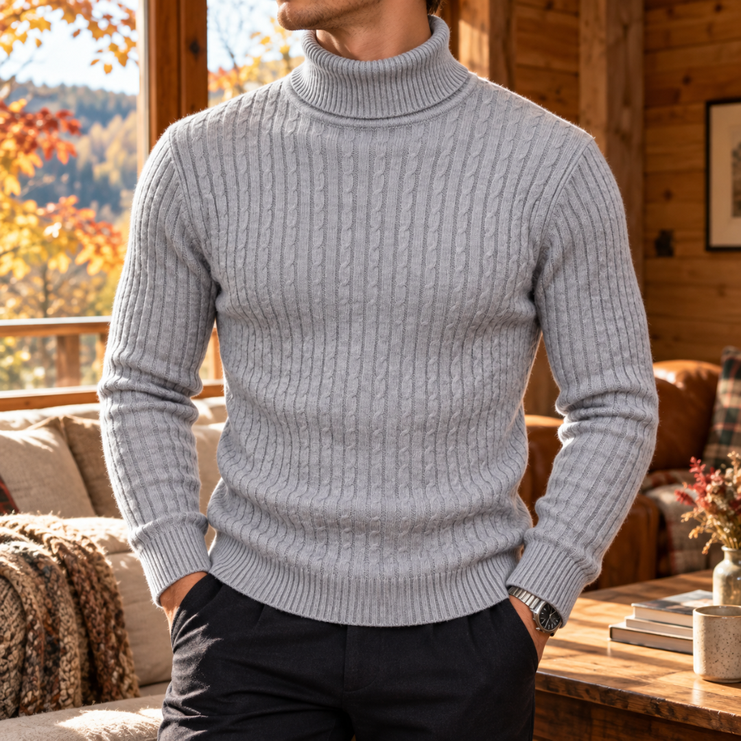 Pull homme gris clair à col roulé replié et maille torsadée, manches longues
