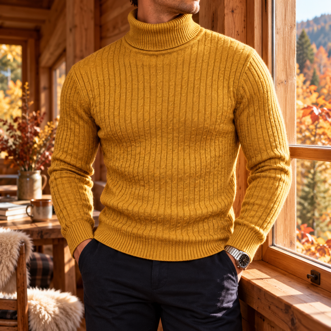 Pull homme jaune moutarde à col roulé, colonnes verticales en relief sur le buste