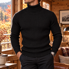 Pull homme noir à col roulé, colonnes torsadées en relief et bas côtelé