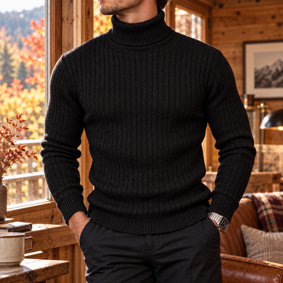 Pull homme noir à col roulé, colonnes torsadées en relief et bas côtelé