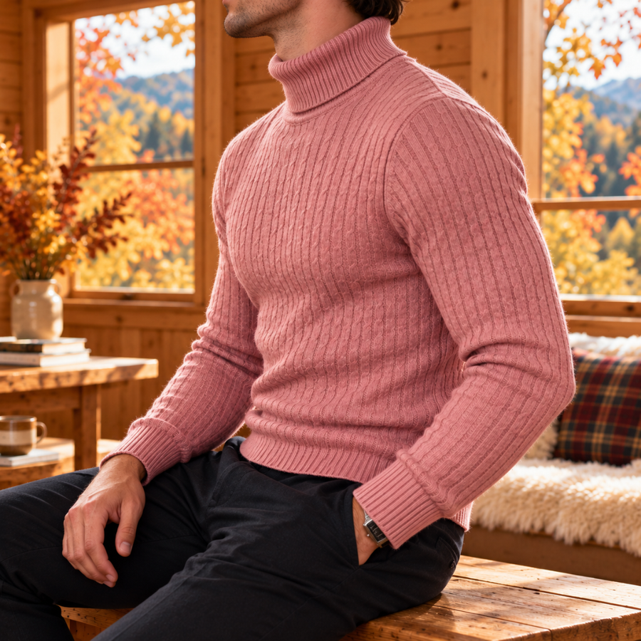 Pull homme rose vu de profil, poignets côtelés et colonnes verticales en relief