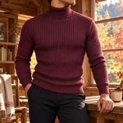 Pull homme rouge bordeaux à col roulé, maille torsadée et bas côtelé