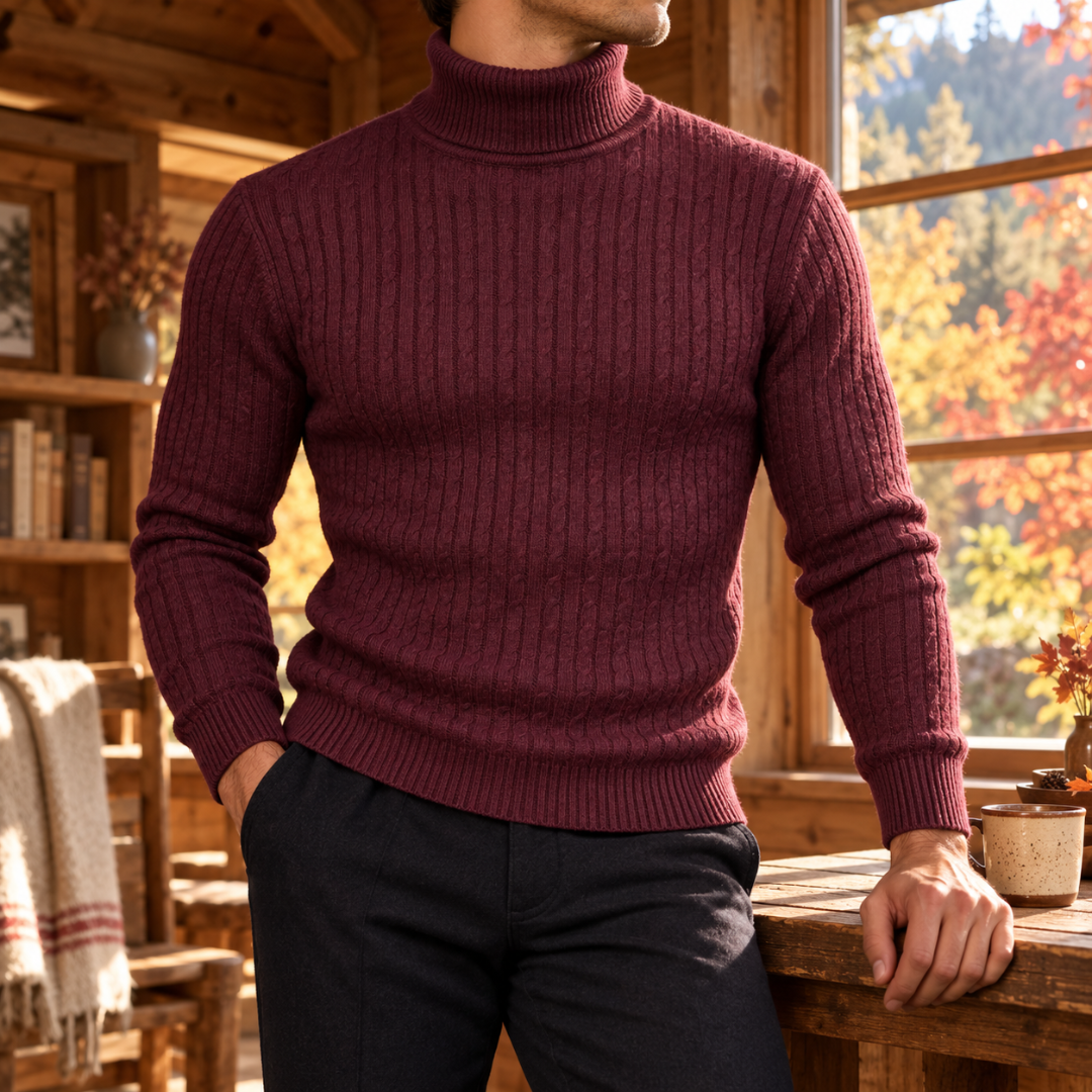 Pull homme rouge bordeaux à col roulé, maille torsadée et bas côtelé