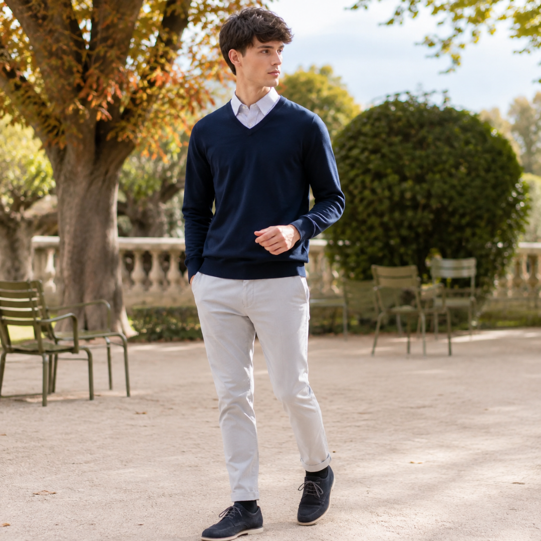 Pull homme bleu foncé à col V avec chemise rayée et pantalon clair
