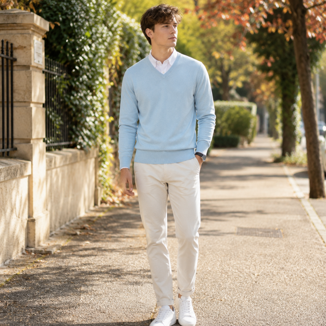 Pull homme bleu pastel à col V avec pantalon clair et baskets blanches