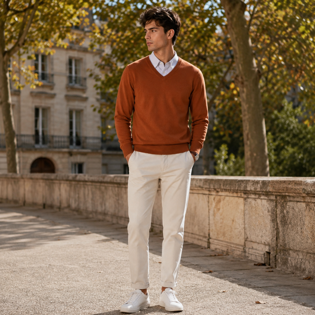 Pull homme café à col V, manches longues et bas côtelé, pantalon clair