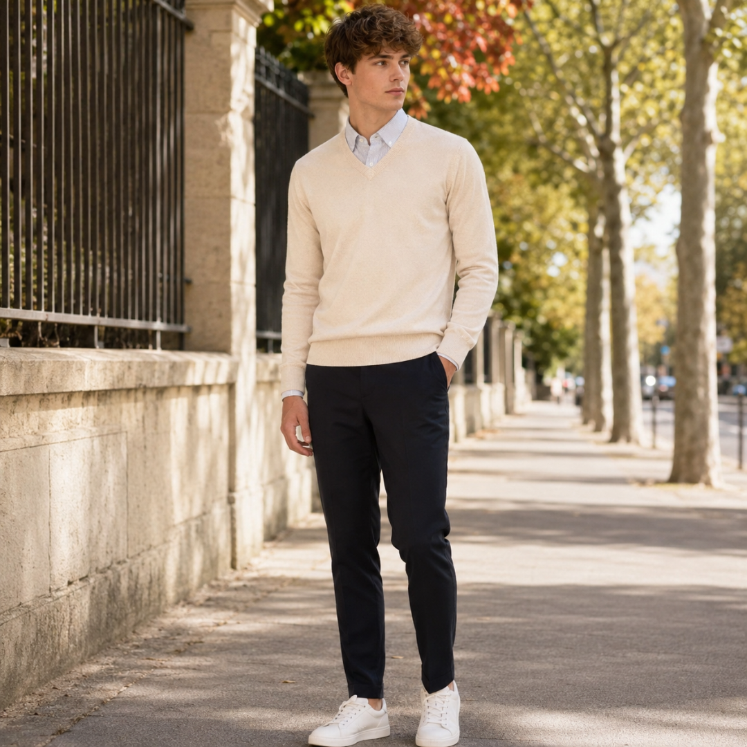 Pull homme crème à col V avec chemise rayée et pantalon marine