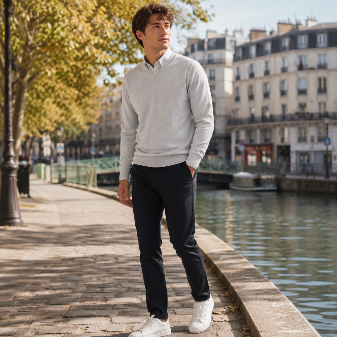 Pull homme gris clair à col V porté sur chemise blanche en ville