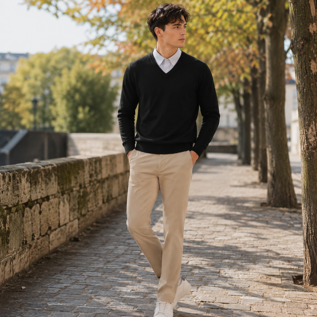 Pull homme noir à col V sur chemise blanche, pantalon beige et baskets