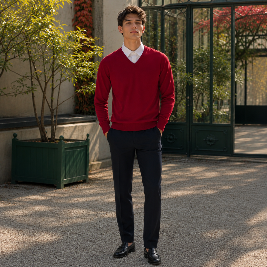 Pull homme rouge à col V porté sur une chemise blanche avec pantalon marine