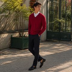 Pull homme rouge à col V en marche, bords côtelés visibles à la taille