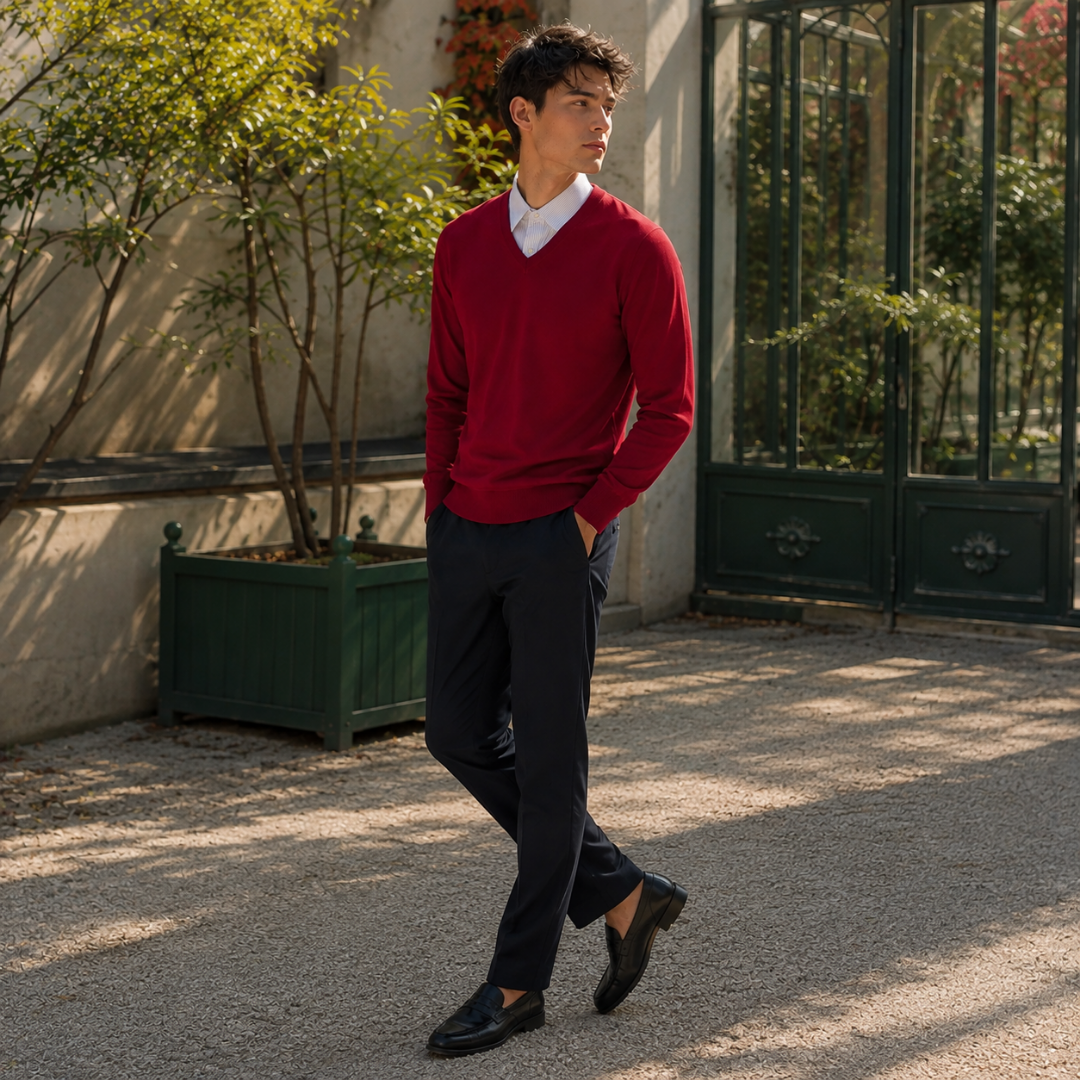 Pull homme rouge à col V en marche, bords côtelés visibles à la taille