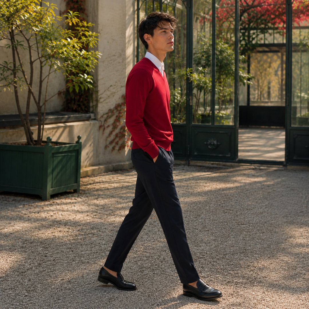 Vue de profil du pull homme rouge à col V et manches longues