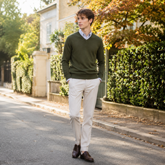 Pull homme vert armée à col V porté sur chemise claire et pantalon beige