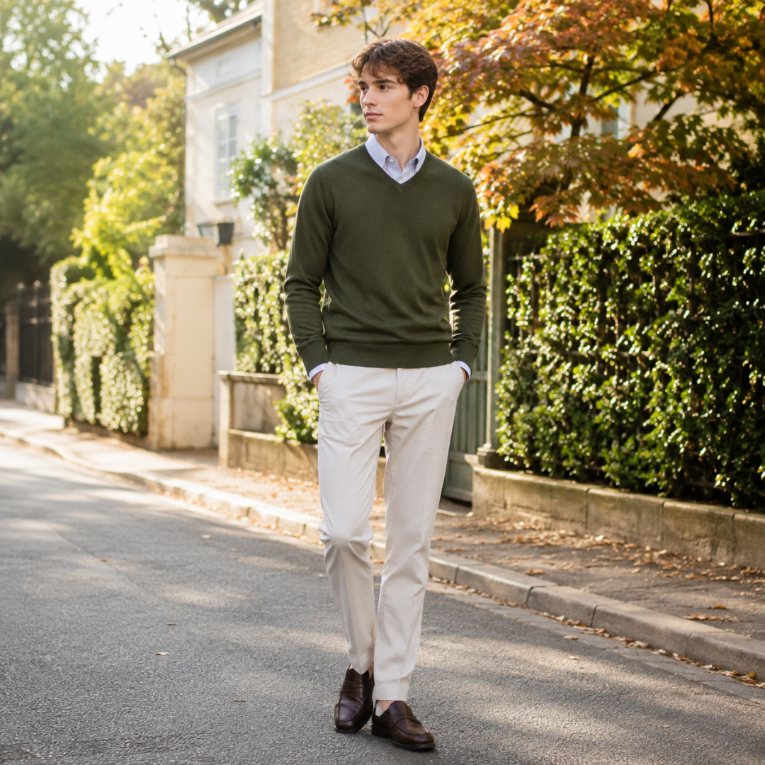 Pull homme vert armée à col V porté sur chemise claire et pantalon beige