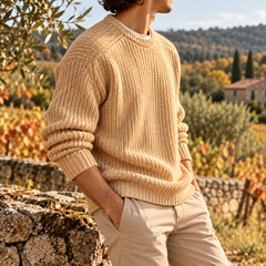 Vue de profil du pull homme kaki en maille côtelée avec coutures apparentes aux épaules