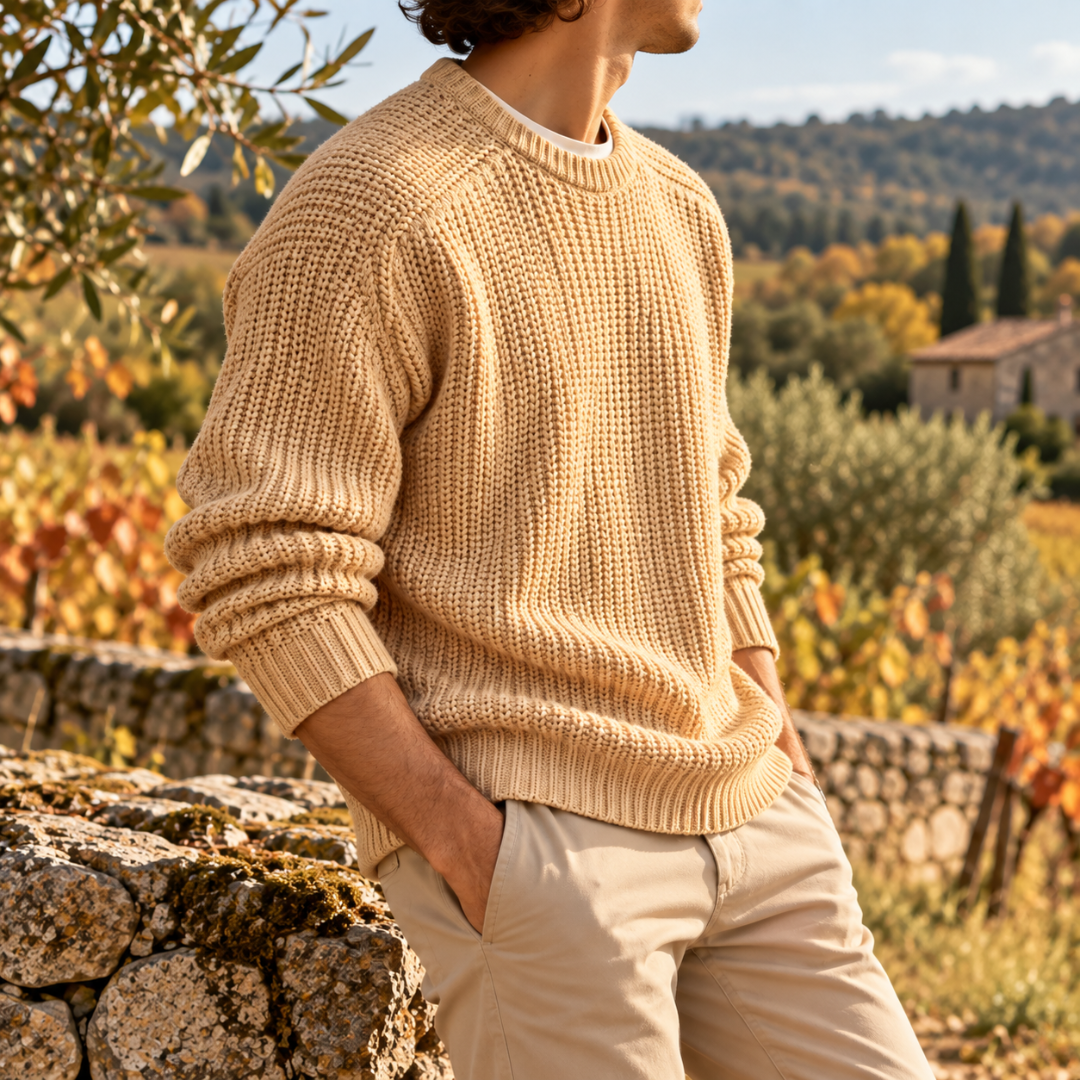 Vue de profil du pull homme kaki en maille côtelée avec coutures apparentes aux épaules