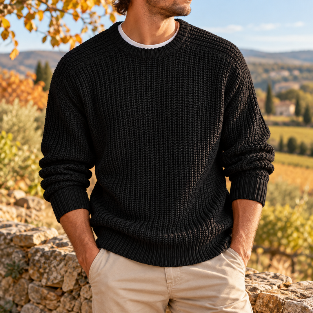 Pull homme noir en grosse maille côtelée avec col rond et manches longues
