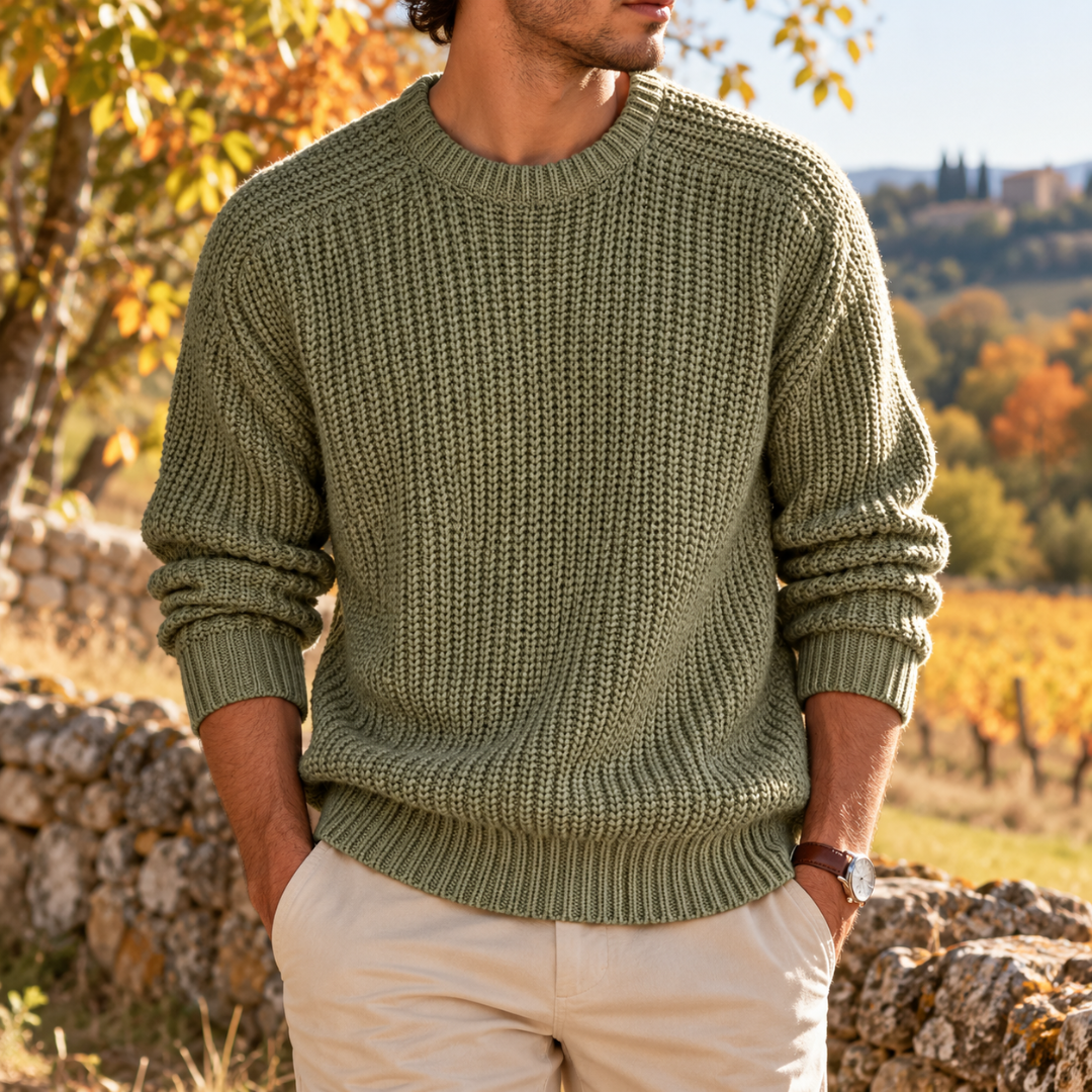 Pull homme vert en grosse maille côtelée avec col rond bordé de côtes