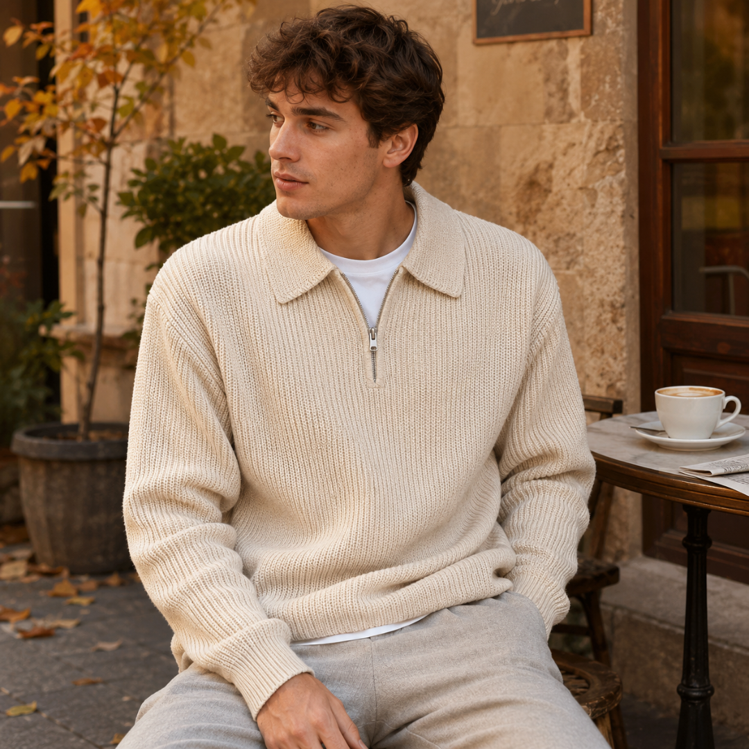 Pull homme blanc crème à col polo et demi-zip, manches longues en maille côtelée