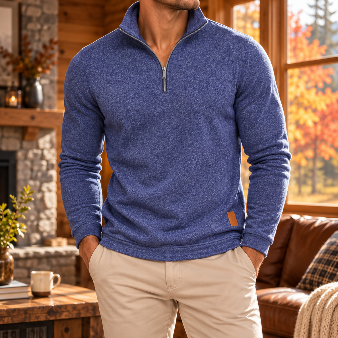 Pull homme bleu chiné avec fermeture éclair demi-zip et col montant