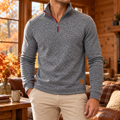 Pull homme gris chiné à demi-zip, col montant et ruban de zip rouge