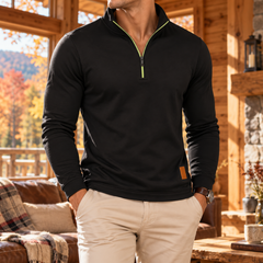 Pull homme noir à demi-zip avec ruban de zip vert fluo contrastant