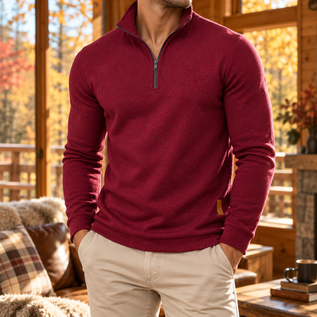 Pull homme rouge profond à demi-zip, col montant et poignets côtelés