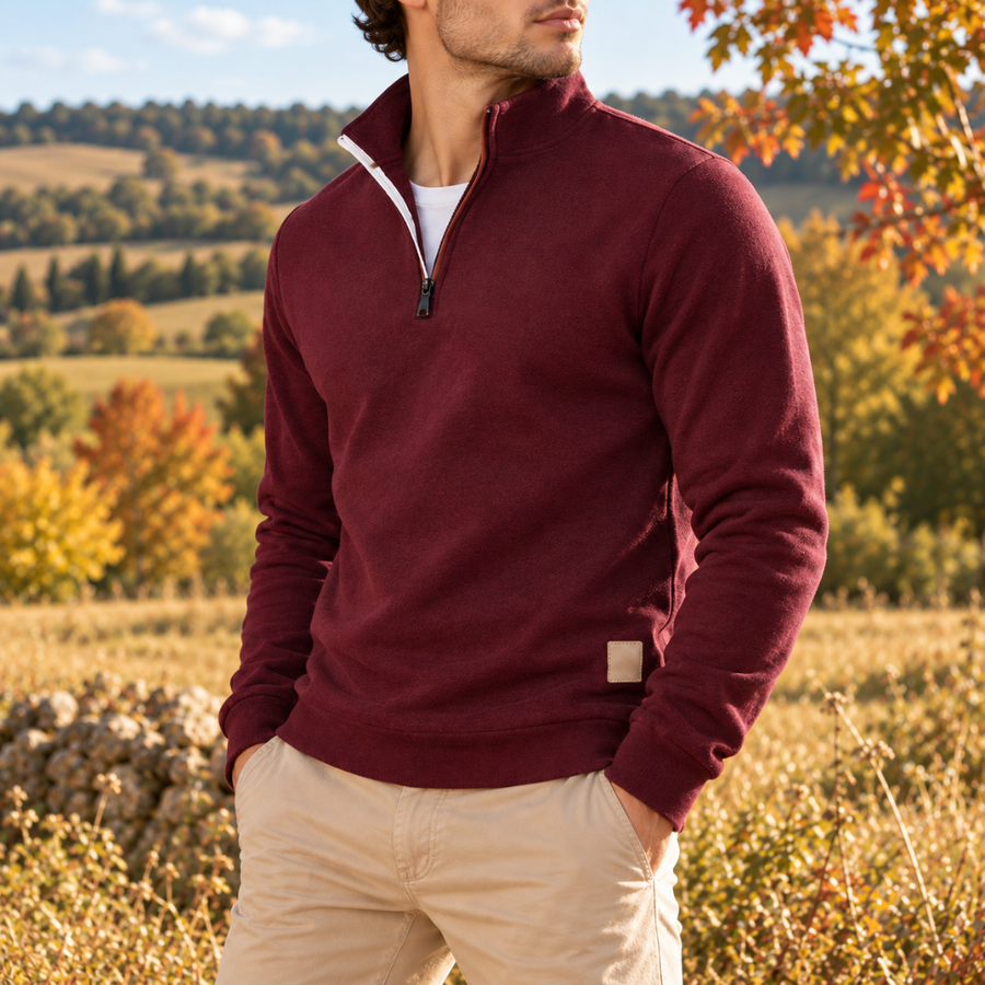 Pull homme rouge à manches longues et bas côtelé, petite étiquette sur le côté