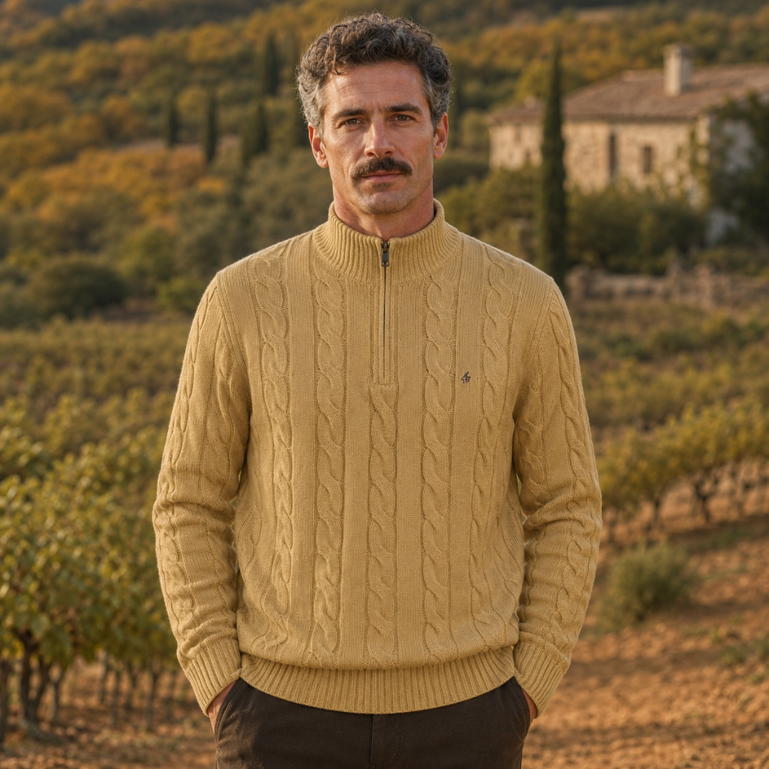 Pull homme kaki en maille torsadée avec col montant côtelé et demi-zip