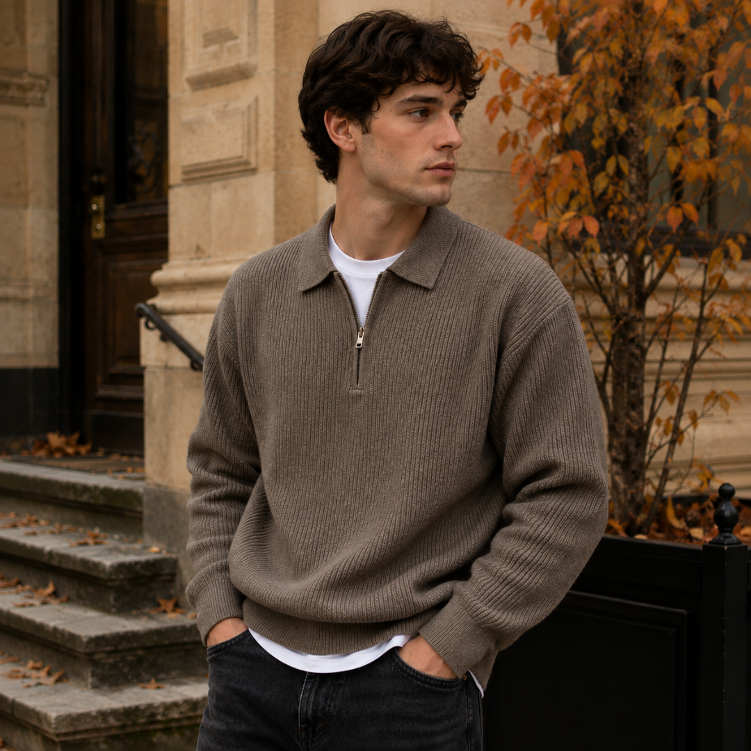 Pull homme marron à col polo et demi-zip en maille côtelée, vue de trois quarts