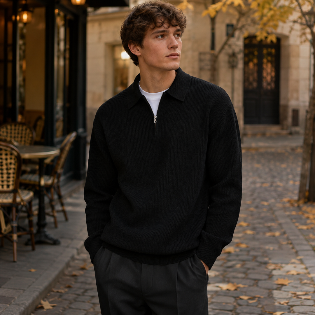 Pull homme noir col polo zippé, manches longues et bas en bord-côte