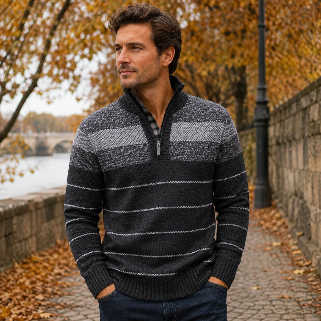 Pull homme noir demi-zip avec fines rayures claires et poignets côtelés