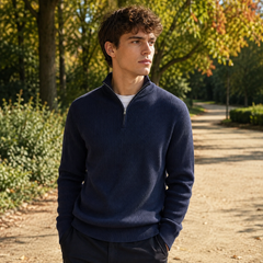 Pull homme bleu marine demi-zip en maille côtelée avec poignets côtelés