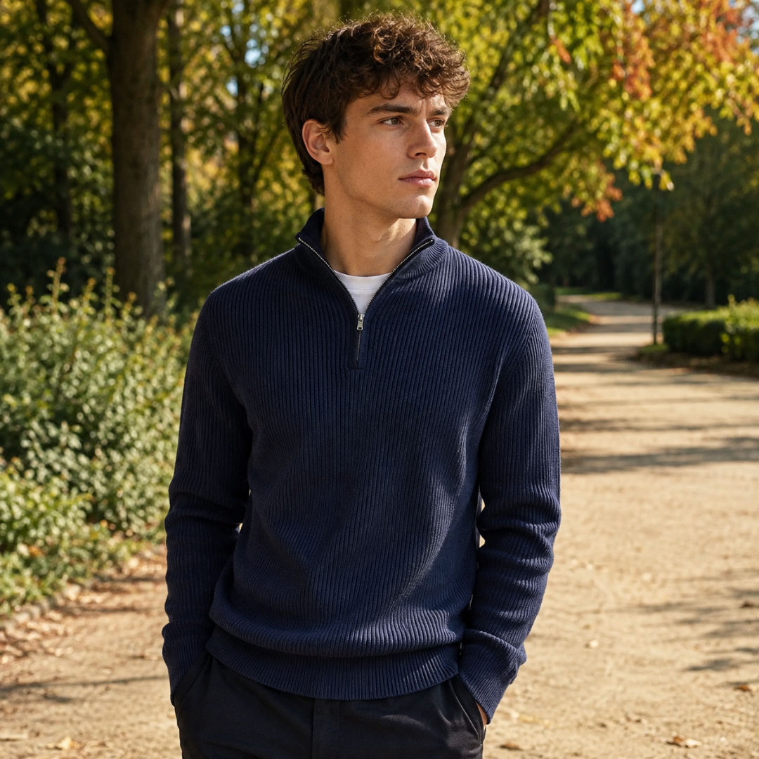 Pull homme bleu marine demi-zip en maille côtelée avec poignets côtelés