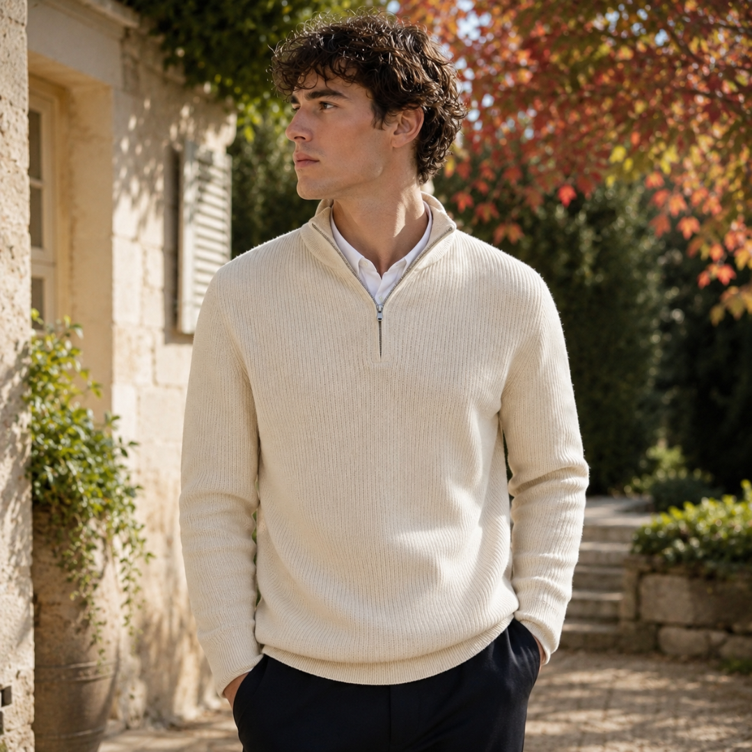 Pull crème homme demi-zip porté sur une chemise blanche et un pantalon foncé