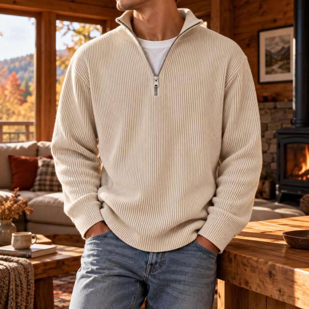 Pull homme beige côtelé avec col montant, demi-zip et poignets côtelés larges