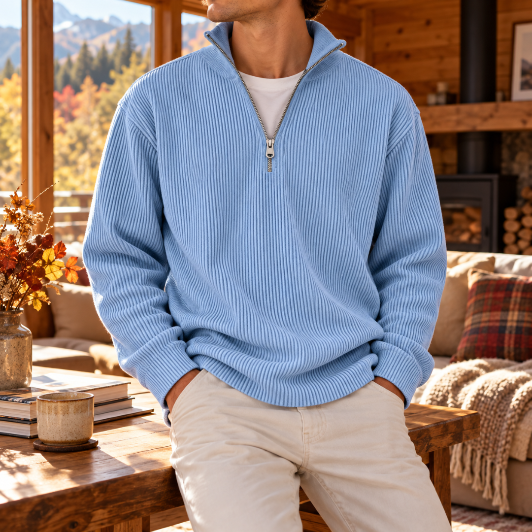 Pull homme bleu ciel côtelé, col montant et fermeture demi-zip, manches longues