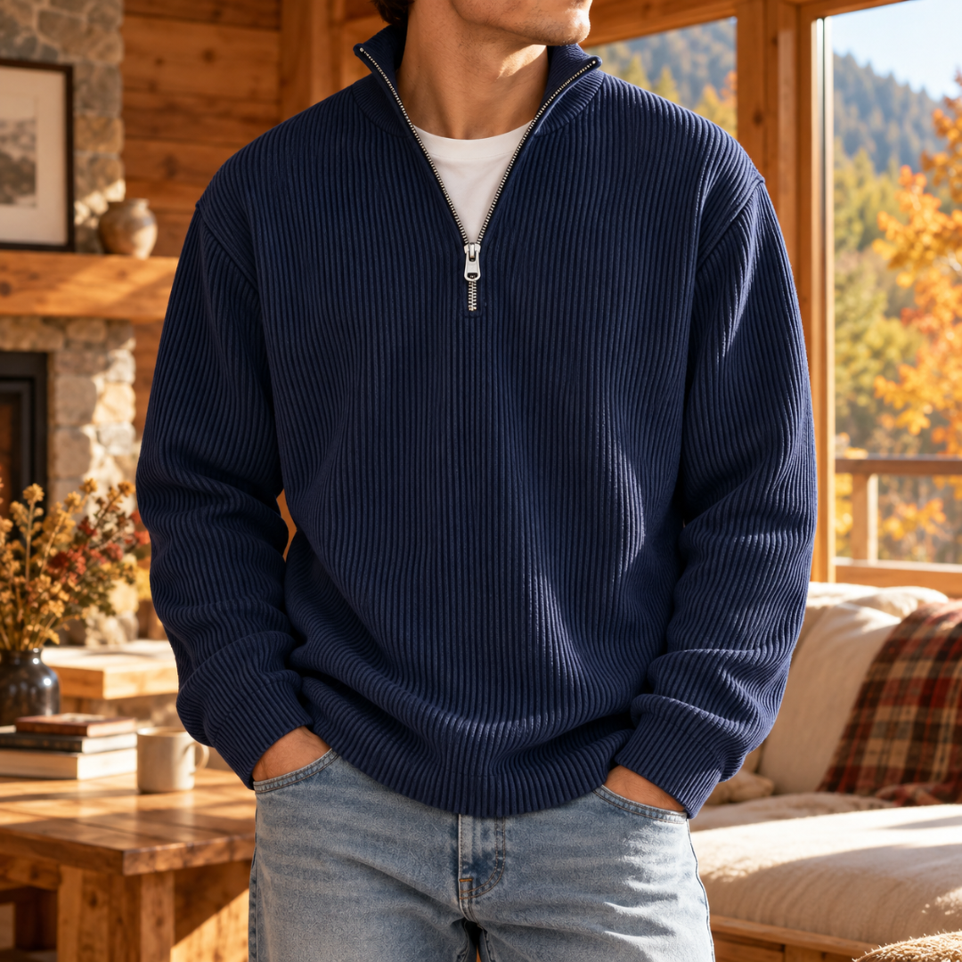 Pull homme bleu marine à col montant et demi-zip, poignets et bas côtelés