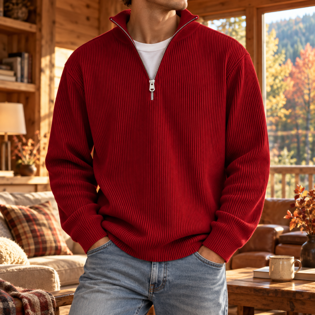 Pull homme rouge à côtes verticales avec col montant relevé et demi-zip