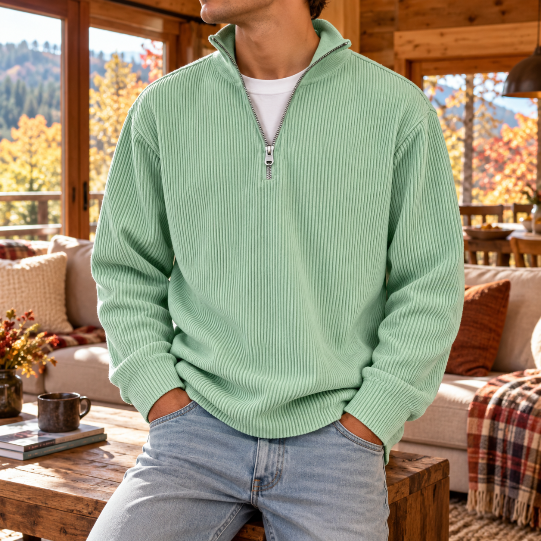 Pull homme vert clair à col montant, zip court argenté et bas côtelé