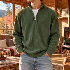 Pull homme vert foncé côtelé, fermeture demi-zip et col montant, vue de face