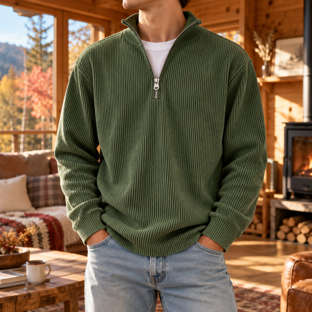 Pull homme vert foncé côtelé, fermeture demi-zip et col montant, vue de face
