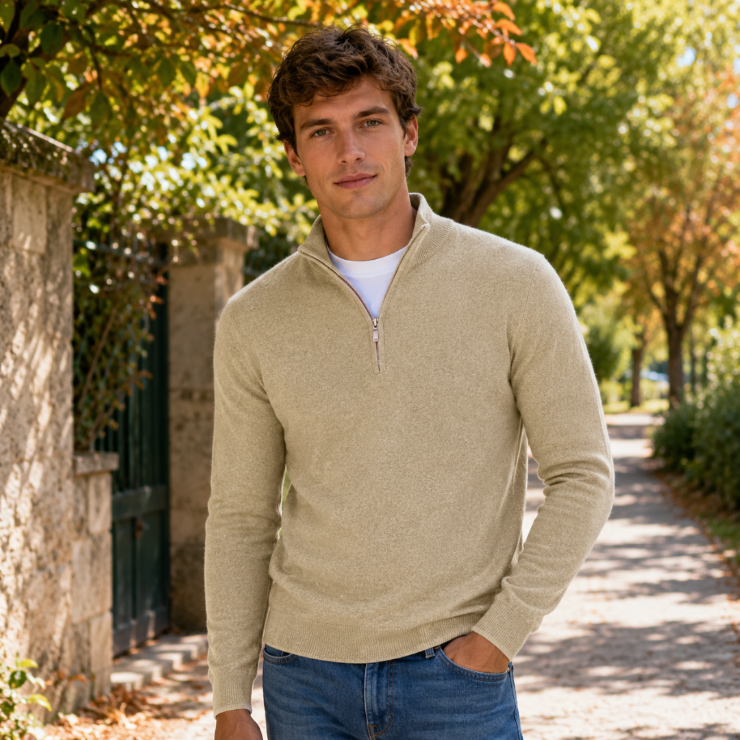 Pull homme abricot à col montant, fermeture demi-zip et manches longues