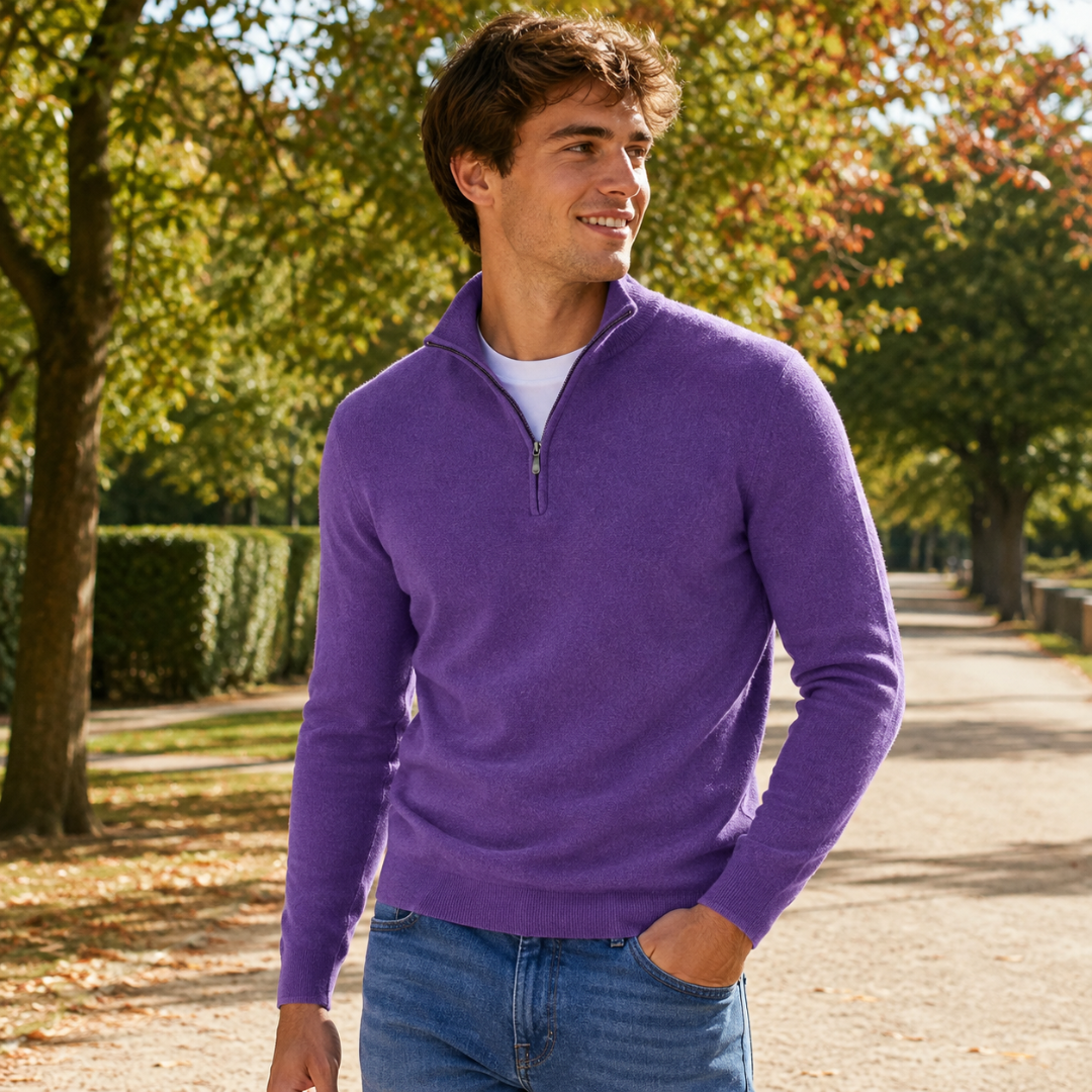 Pull homme violet foncé avec zip court au col et poignets côtelés