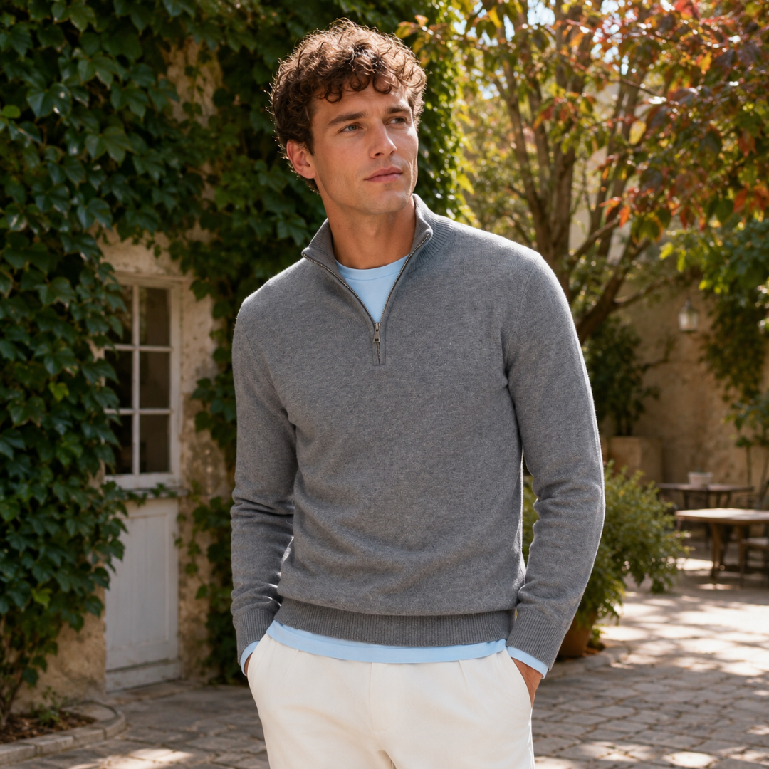 Pull homme gris foncé à col montant côtelé et fermeture demi-zip métallique