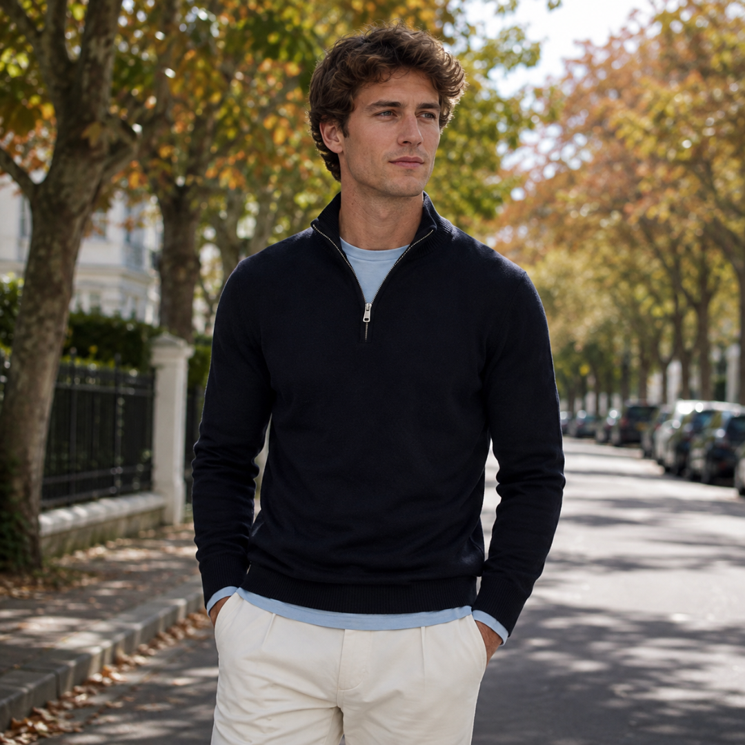 Pull homme noir à col montant côtelé et demi-zip, avenue arborée